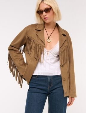 Fringe Vegan Suede Jacket Size M Camel Brown Button Western Pioneer NEW